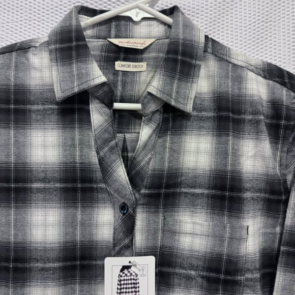 Womens Small Black Gray Flannel Weatherproof Vintage Comfort Stretch Plaid Shirt - Picture 4 of 9